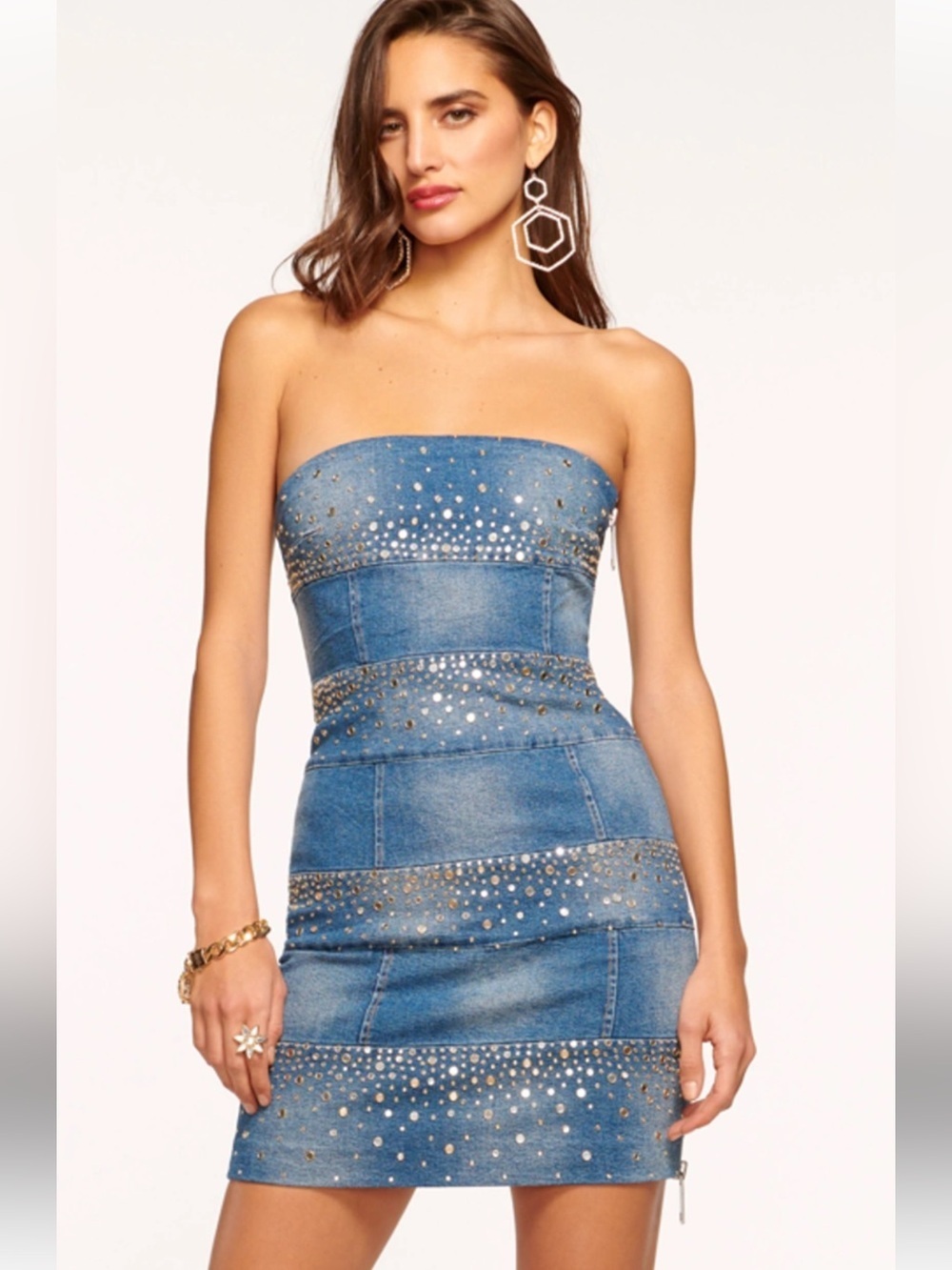 Ramy Brook Angelica Denim Studded Strapless Mini Dress 2 Y2K Glam Rhinestone